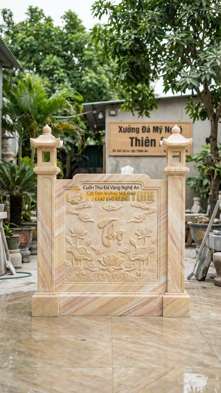 Cuốn Thư Đá Vàng Nghệ An Cột Đèn Vuông Mái Đao L147: Đỉnh Cột Là Đèn Lồng Vuông Có Mái Cong. (L147 x H147 Cm).