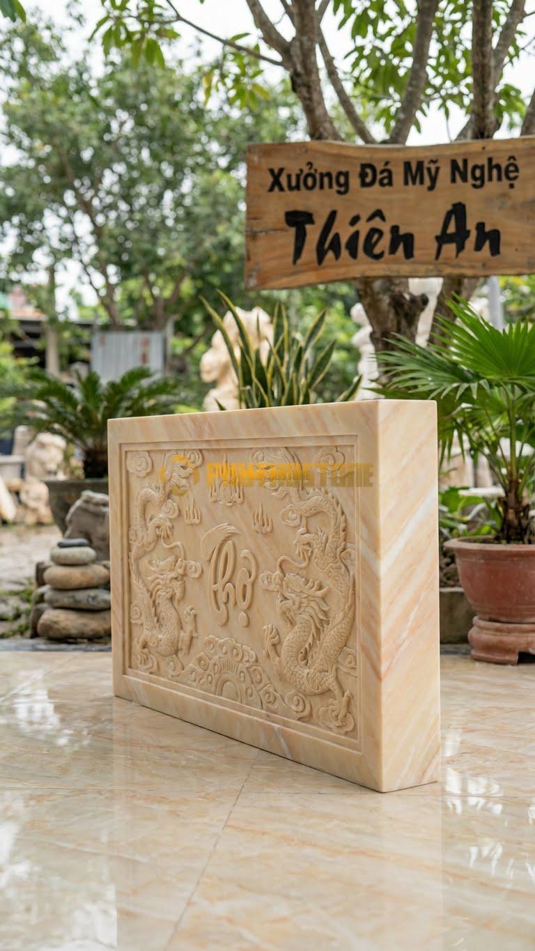 Cuốn Thư Đá Vàng Nghệ An Nguyên Khối Dày 18Cm L127: Độ Dày Lớn, Tự Đứng Vững Không Cần Bệ Rộng. (L127 x H81 Cm).