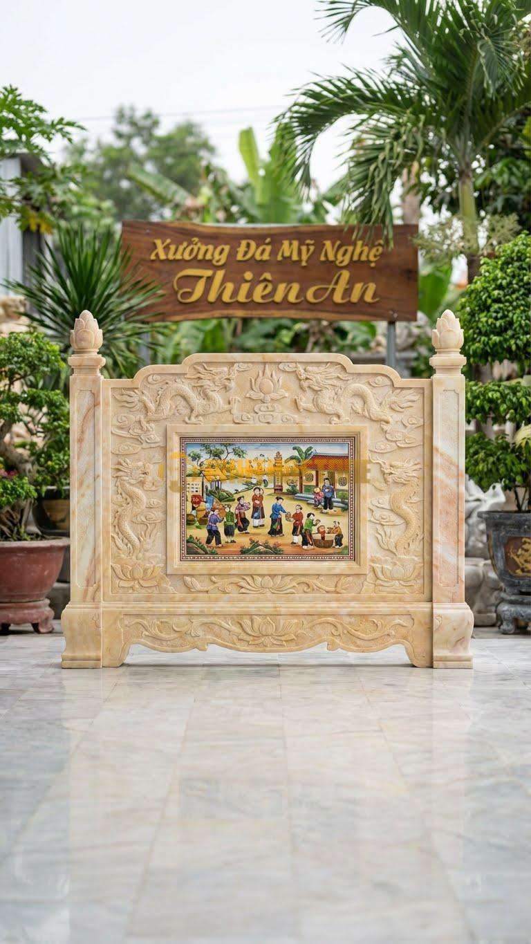 Cuốn Thư Đá Vàng Nghệ An Tam Quan Ốp Tranh Gốm L255: Giữa Đá Có Lồng Tranh Gốm Sứ Màu. (L255 x H176 Cm).