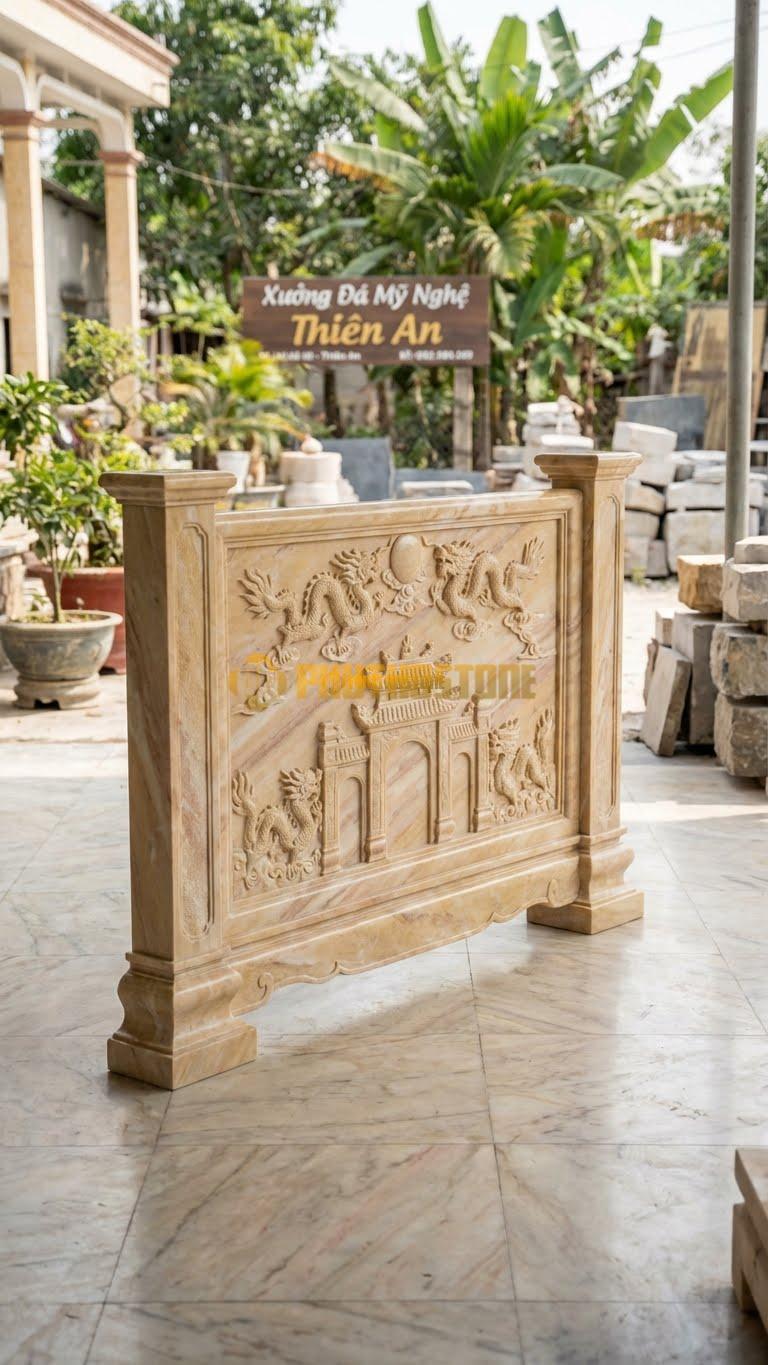 Cuốn Thư Đá Vàng Nghệ An Tam Quan Rồng Chầu L255: Cột Trụ 30Cm, Thân Chạm Lưỡng Long. (L255 x H197 Cm).