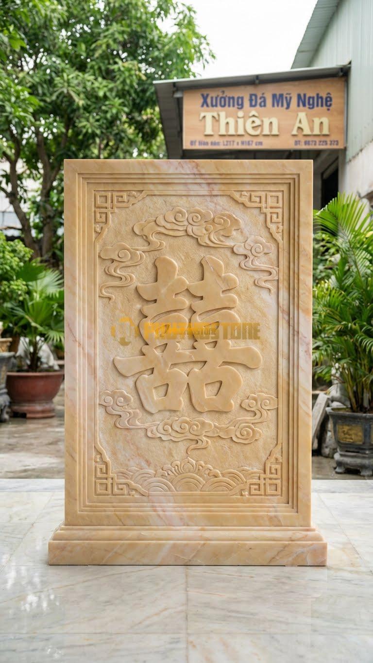 Cuốn Thư Đá Vàng Nghệ An Tam Quan Song Hỷ L217: Chạm Chữ Song Hỷ Lớn. (L217 x H167 Cm).