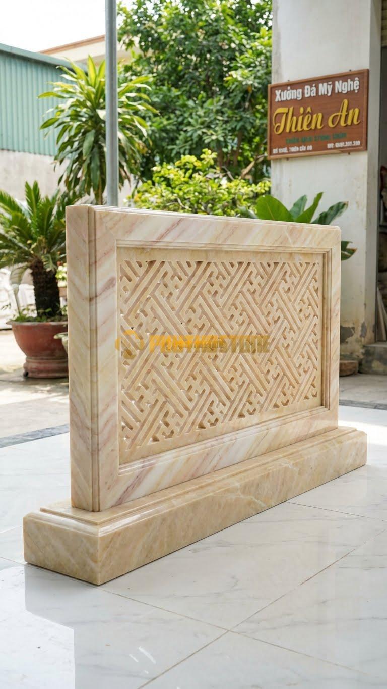 Cuốn Thư Đá Vàng Nghệ An Thông Phong Chữ Vạn L127: Họa Tiết Lưới Chữ Vạn Đục Thủng. (L127 x H69 Cm).