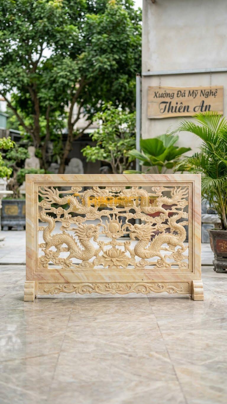 Cuốn Thư Đá Vàng Nghệ An Thông Phong Rồng L147: Rồng Uốn Lượn, Các Khe Hở Đục Thủng Hoàn Toàn. (L147 x H89 Cm).