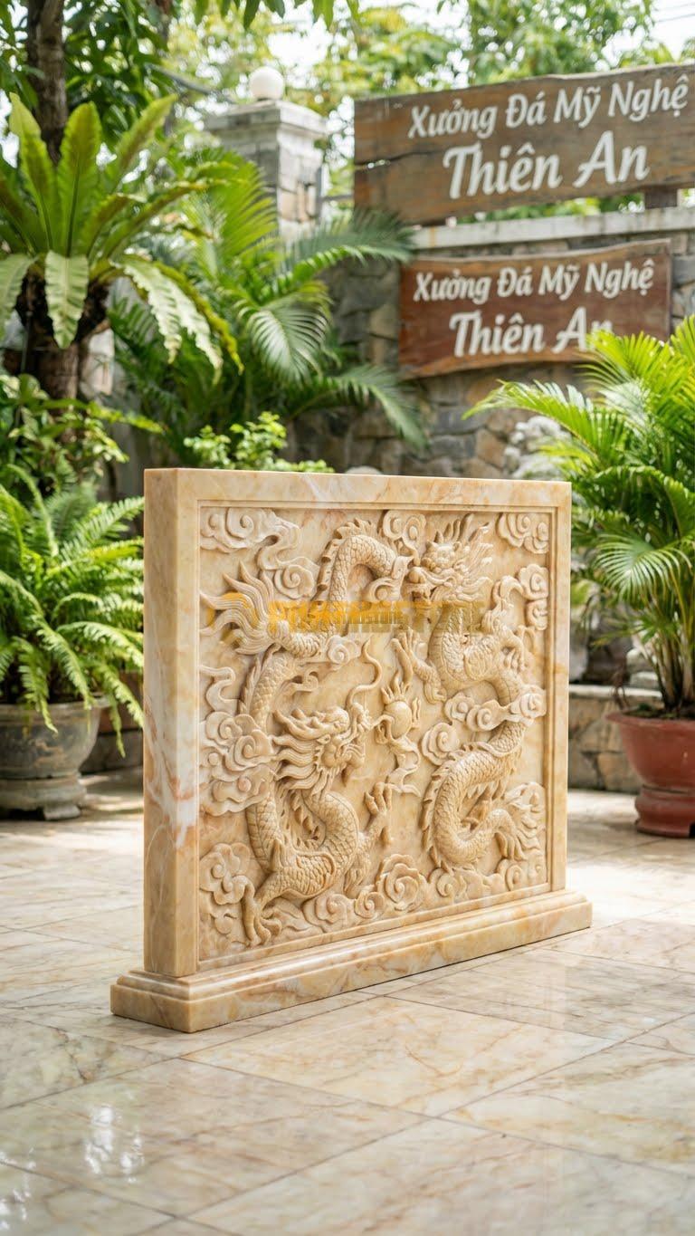 Cuốn Thư Đá Vàng Nghệ An Xanh Rêu Chạm Kênh Bong L167: Đục Rồng Nổi Cực Sâu Do Đá Dai, Không Vỡ. (L167 x H147 Cm).