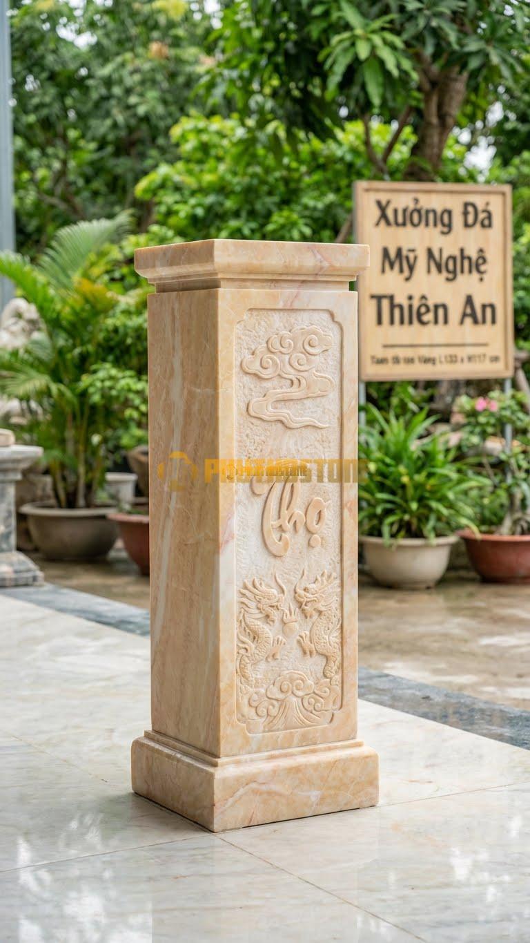 Cuốn Thư Đá Vàng Nghệ An Xanh Rêu Cột Vuông L133: Thiết Kế Hiện Đại, Vuông Vức, Ít Hoa Văn. (L133 x H117 Cm).
