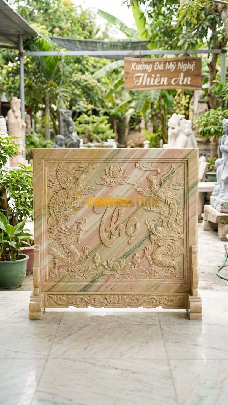 Cuốn Thư Đá Vàng Nghệ An Xanh Rêu Đánh Bóng L147: Mài Bóng Kính Làm Nổi Bật Màu Xanh Ngọc. (L147 x H127 Cm).