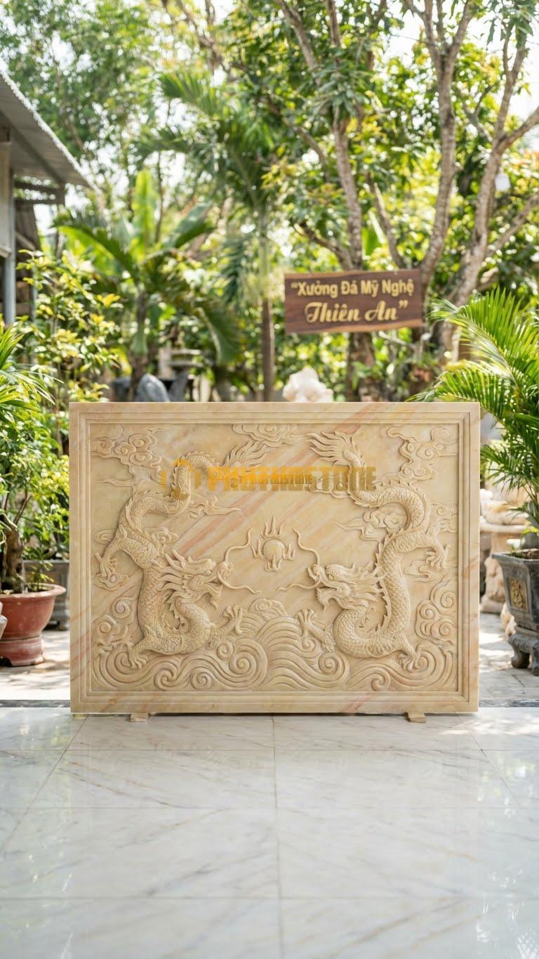 Cuốn Thư Đá Vàng Nghệ An Xanh Rêu Long Cuốn Thủy L235: Mẫu Đại Cho Dòng Họ Lớn, Đá Tuyển Chọn Đều Màu. (L235 x H176 Cm).