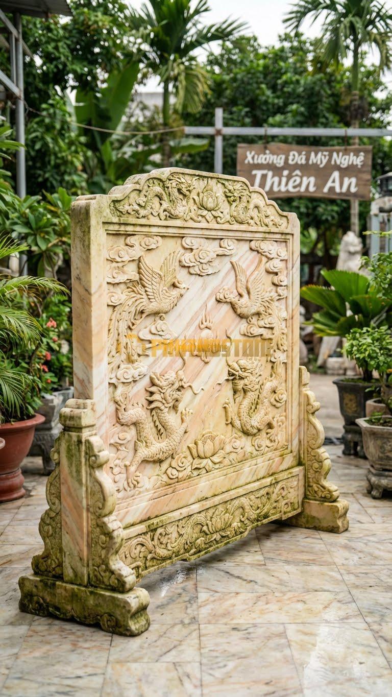 Cuốn Thư Đá Vàng Nghệ An Xanh Rêu Mẫu Cổ L197: Giả Cổ, Tạo Nét Sần Sùi Phong Rêu. (L197 x H167 Cm).