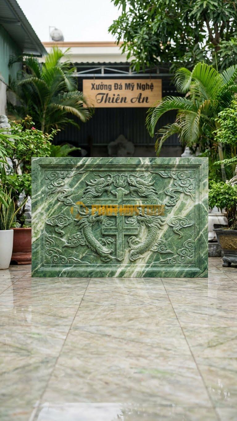 Cuốn Thư Đá Xanh Ấn Chữ Thọ Hóa Rồng L155: Nét Chữ Thọ Được Cách Điệu Từ Đầu Rồng. (L155 x H107 Cm).