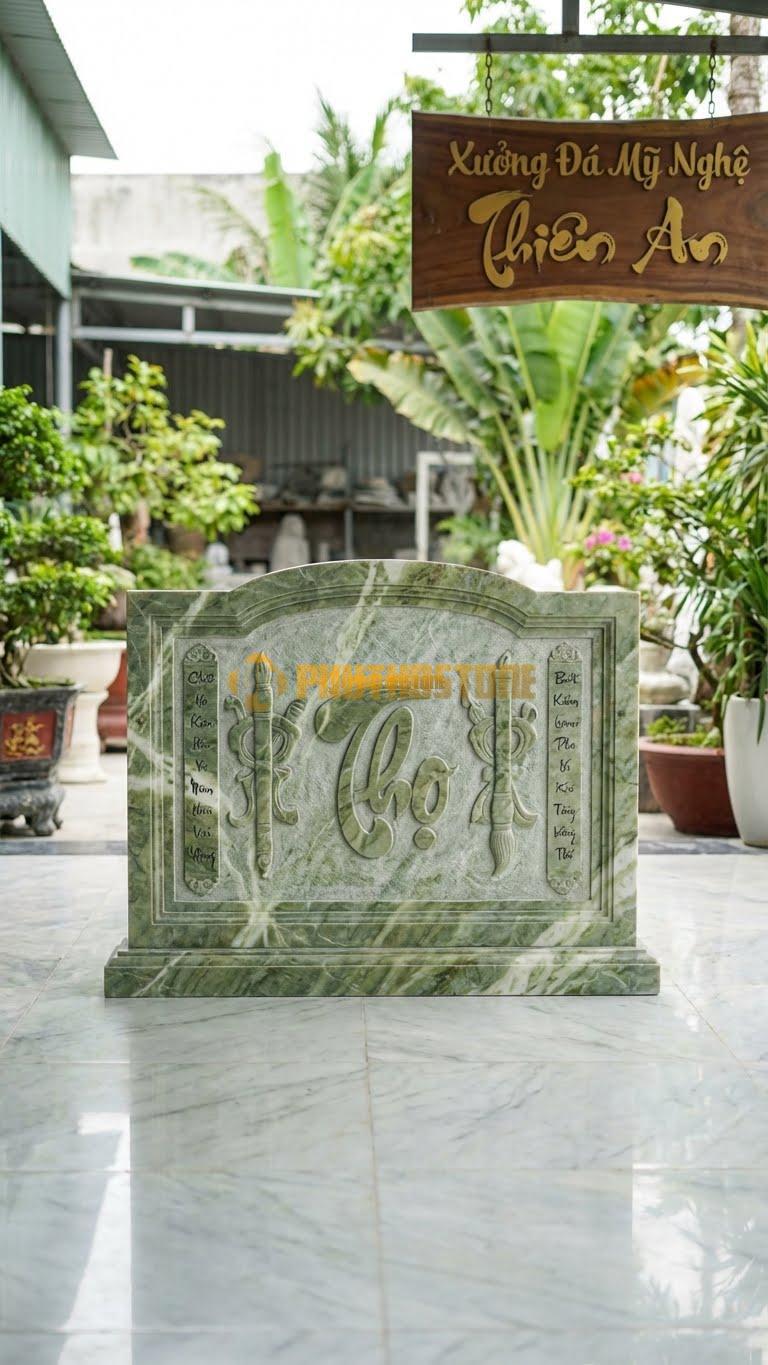 Cuốn Thư Đá Xanh Ấn Chữ Thọ Kết Hợp Câu Đối L176: Hai Bên Bút Kiếm Có Khắc Câu Đối Nhỏ. (L176 x H127 Cm).