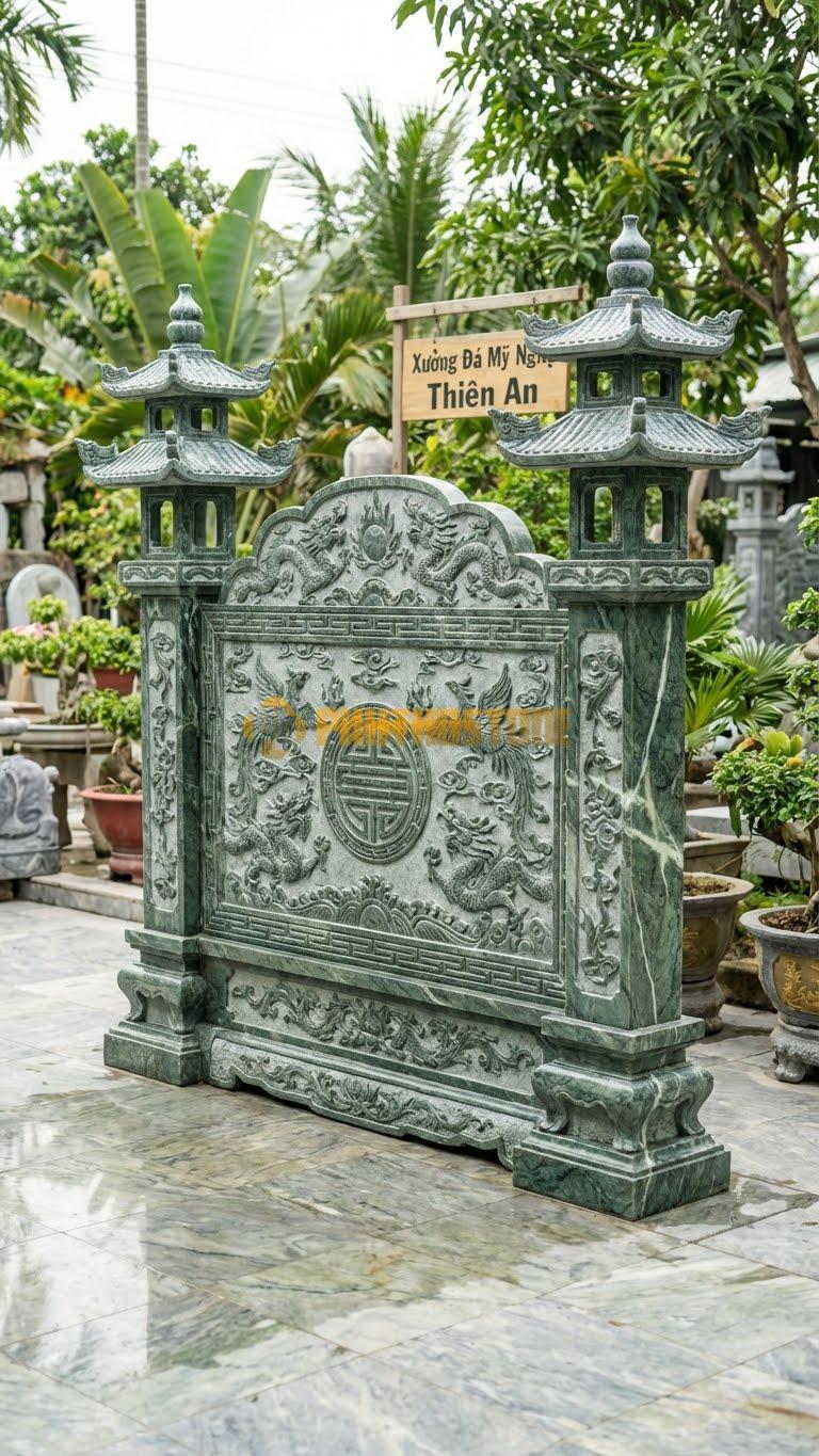 Cuốn Thư Đá Xanh Ấn Cột Đèn 2 Tầng Mái L217: Đèn Trên Cột Có 2 Tầng Mái Đao Bề Thế. (L217 x H180 Cm).