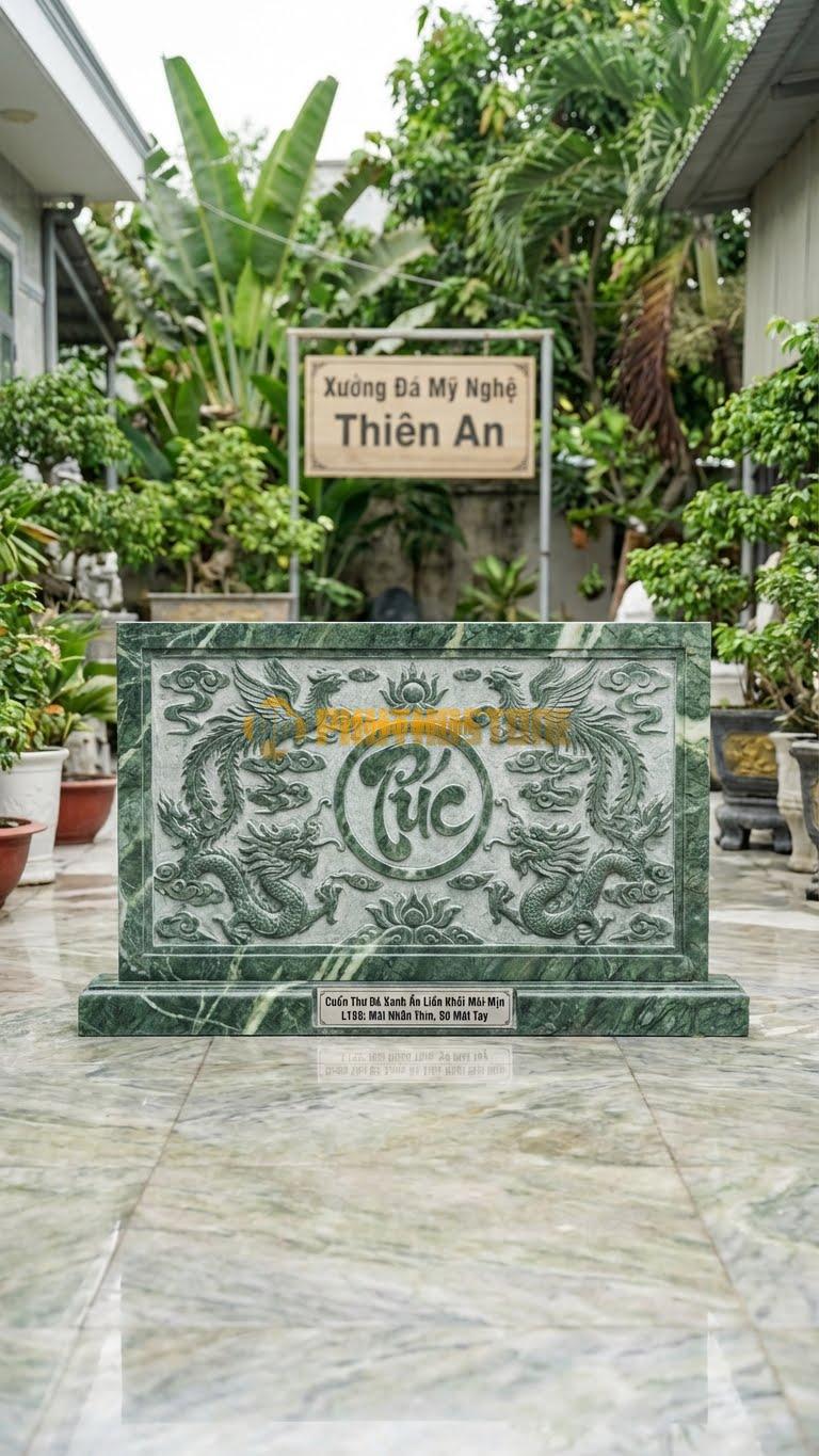 Cuốn Thư Đá Xanh Ấn Liền Khối Mài Mịn L155: Mài Nhẵn Thín, Sờ Mát Tay. (L155 x H89 Cm).
