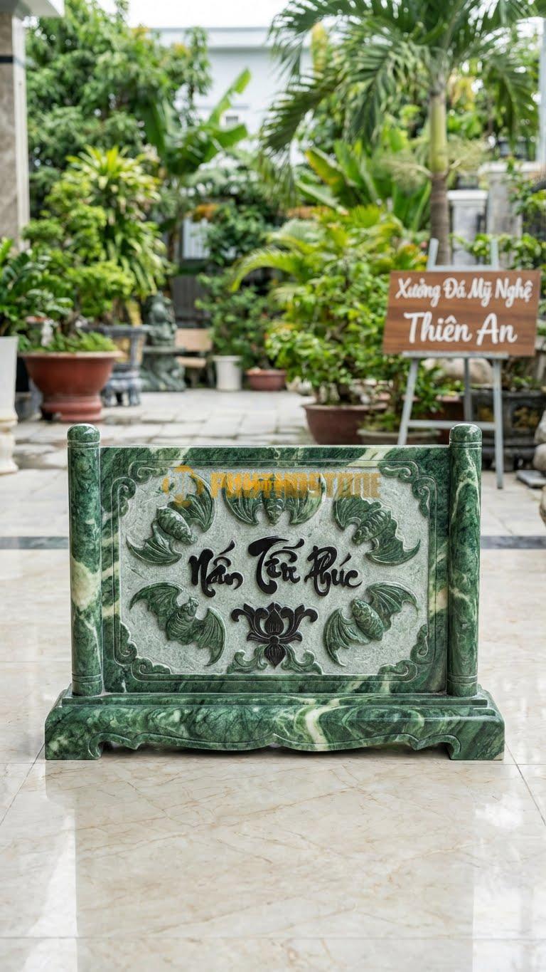 Cuốn Thư Đá Xanh Ấn Ngũ Phúc Đá Đen L133: Đá Đen Tuyền, Chạm Dơi Nổi Bật. (L133 x H81 Cm).