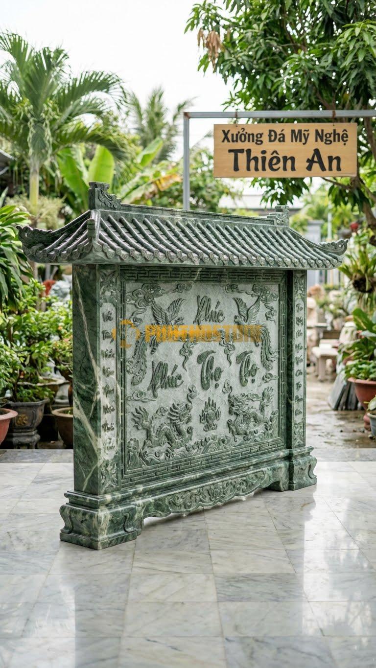 Cuốn Thư Đá Xanh Ấn Tam Quan Mái Che L320: Có Phần Mái Ngói Che Trên Đỉnh Cuốn Thư. (L320 x H217 Cm).
