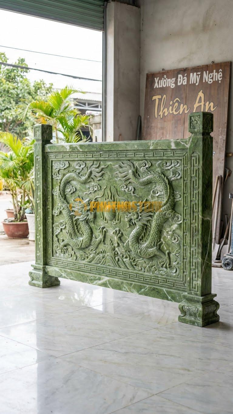 Cuốn Thư Đá Xanh Ấn Tam Quan Rồng Chầu L255: Cột Trụ 30Cm, Thân Chạm Lưỡng Long. (L255 x H197 Cm).
