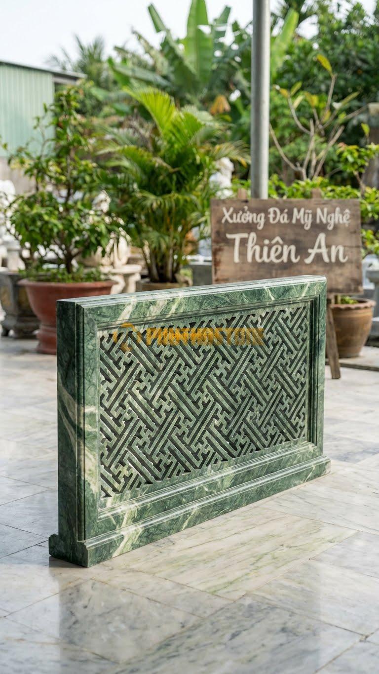 Cuốn Thư Đá Xanh Ấn Thông Phong Chữ Vạn L127: Họa Tiết Lưới Chữ Vạn Đục Thủng. (L127 x H69 Cm).