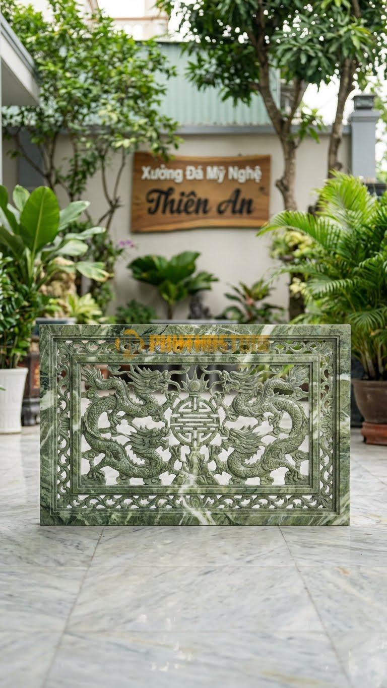 Cuốn Thư Đá Xanh Ấn Thông Phong Rồng L147: Rồng Uốn Lượn, Các Khe Hở Đục Thủng Hoàn Toàn. (L147 x H89 Cm).