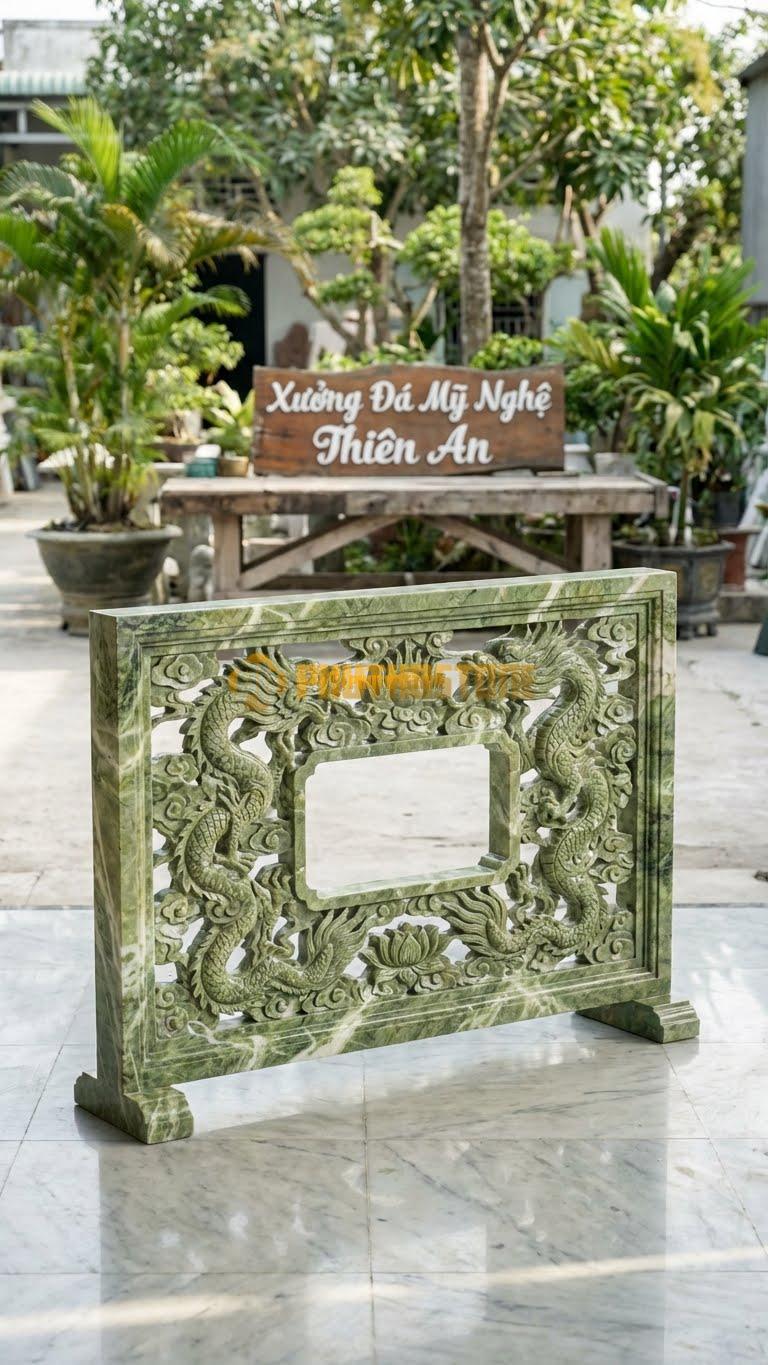 Cuốn Thư Đá Xanh Ấn Thông Phong Song Long L176: Hai Rồng Vờn Nhau, Khoảng Không Gian Giữa Đục Rỗng. (L176 x H127 Cm).