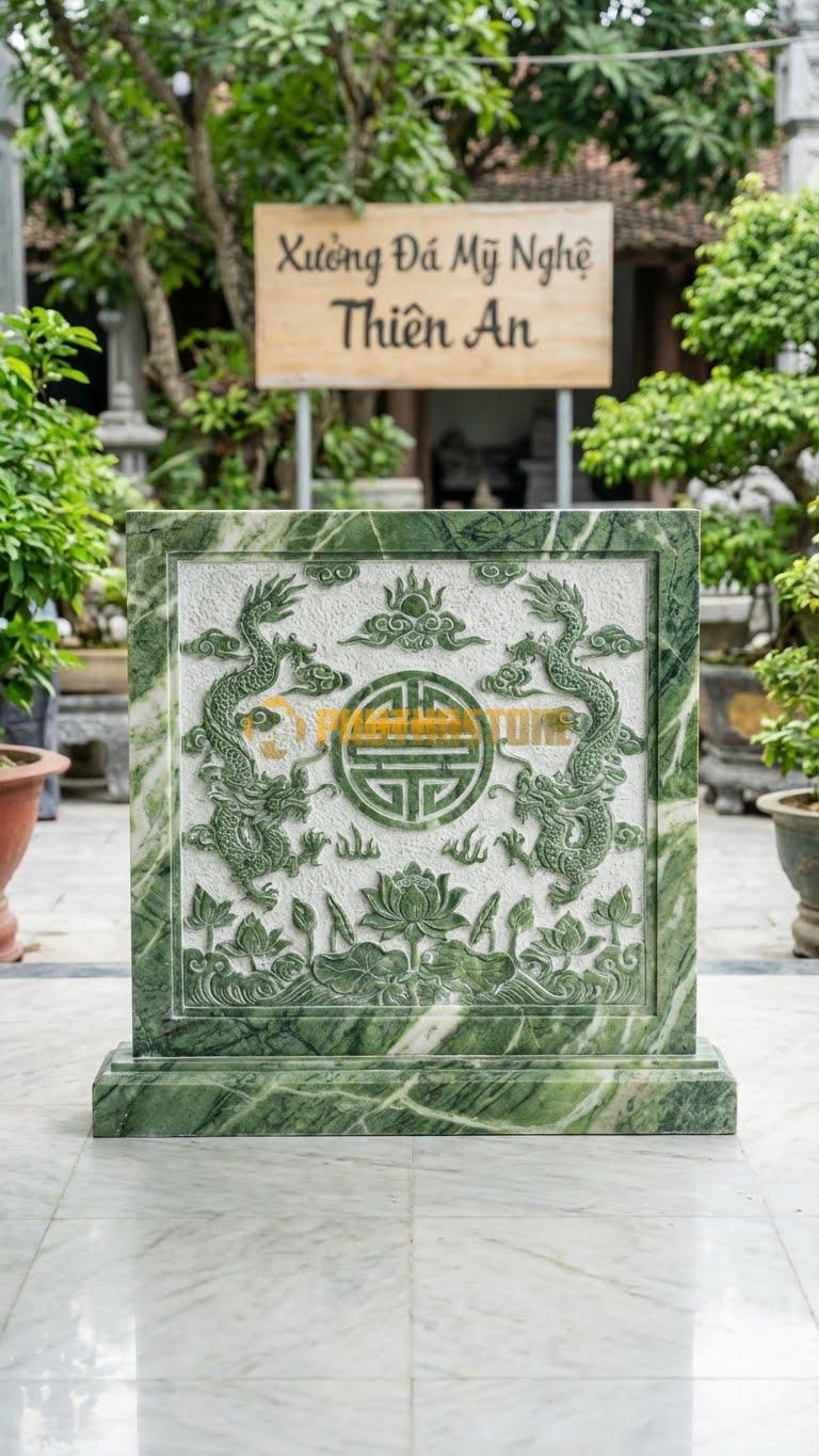 Cuốn Thư Đá Xanh Ấn Xanh Rêu Băm Trừ Nền L176: Nền Băm Nhám Trắng, Hoa Văn Mài Xanh. (L176 x H155 Cm).
