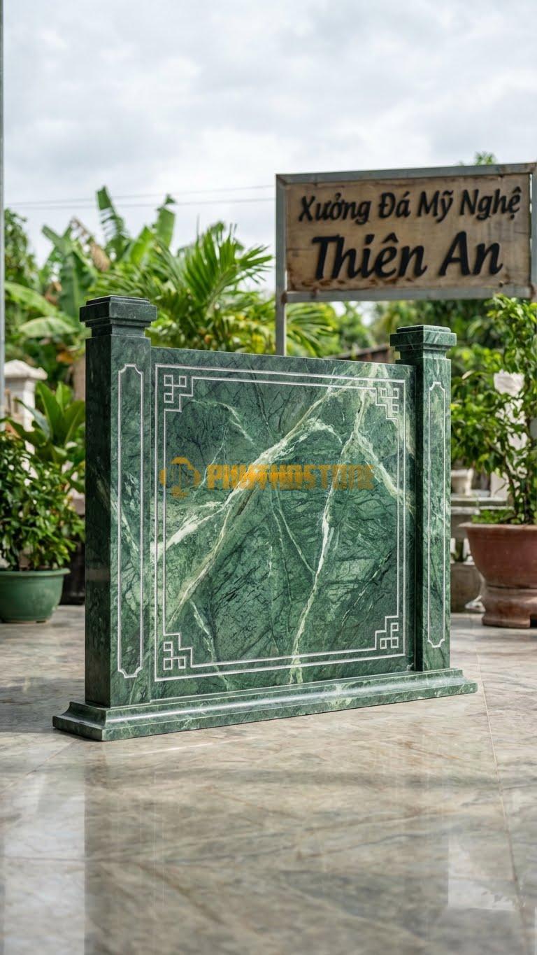 Cuốn Thư Đá Xanh Ấn Xanh Rêu Cột Vuông L133: Thiết Kế Hiện Đại, Vuông Vức, Ít Hoa Văn. (L133 x H117 Cm).