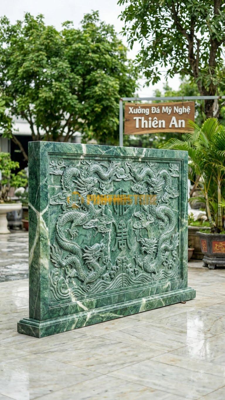 Cuốn Thư Đá Xanh Ấn Xanh Rêu Long Cuốn Thủy L235: Mẫu Đại Cho Dòng Họ Lớn, Đá Tuyển Chọn Đều Màu. (L235 x H176 Cm).