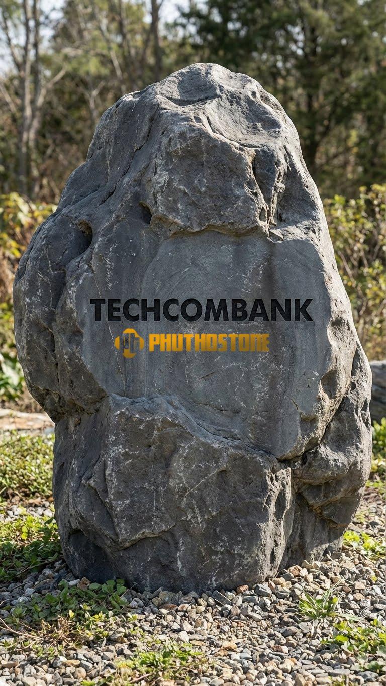 Đá tảng đen da báo tự nhiên xẻ mặt phẳng khắc ‘TECHCOMBANK’