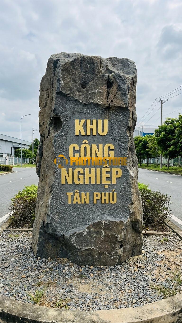 Đá tảng đen làm biển cổng chào ‘KHU CÔNG NGHIỆP’