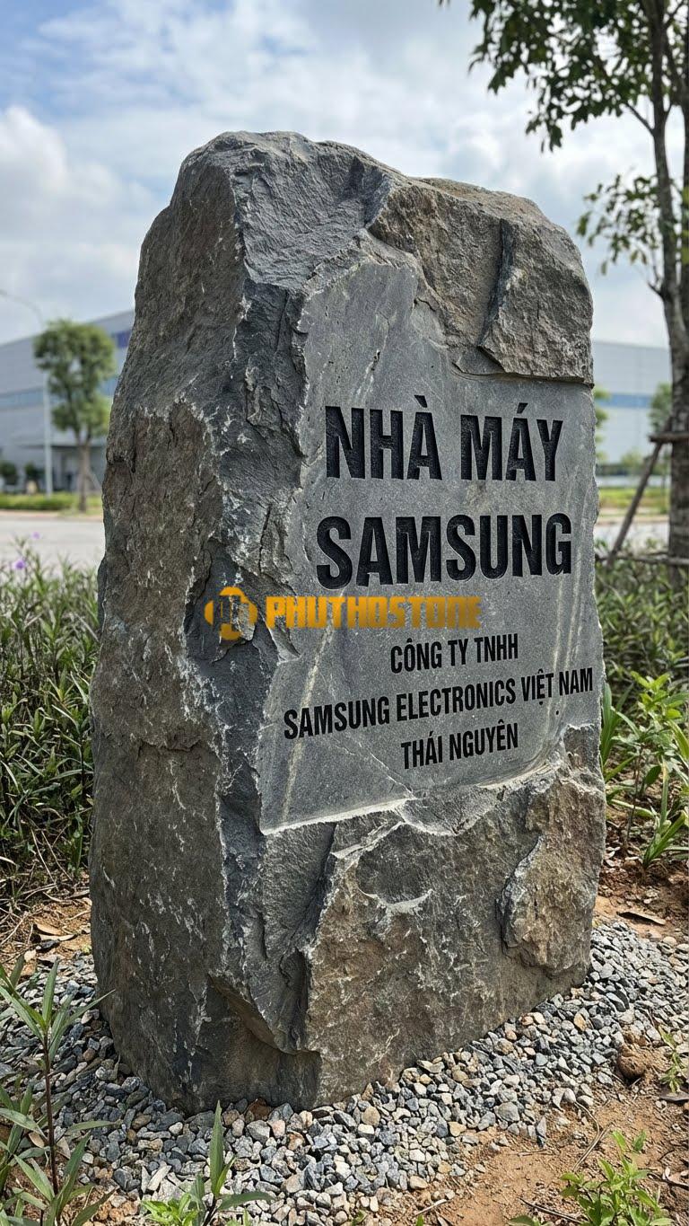 Đá tảng đen xẻ mặt khắc chữ nổi ‘NHÀ MÁY SAMSUNG’