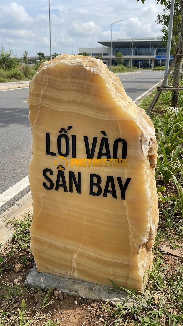 Đá tảng vân gỗ Hoà Bình làm biển chỉ dẫn ‘LỐI VÀO SÂN BAY’