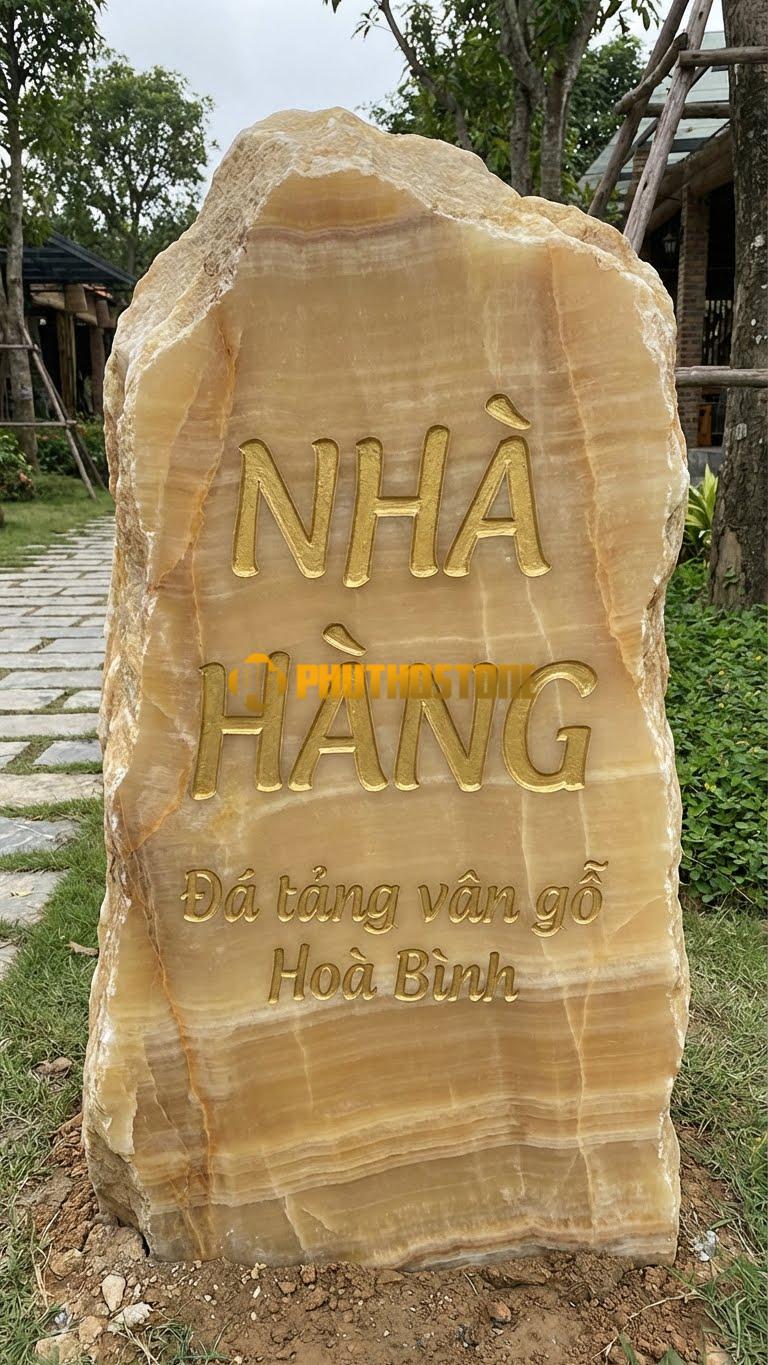 Đá tảng vân gỗ Hoà Bình làm biển chỉ dẫn ‘NHÀ HÀNG’