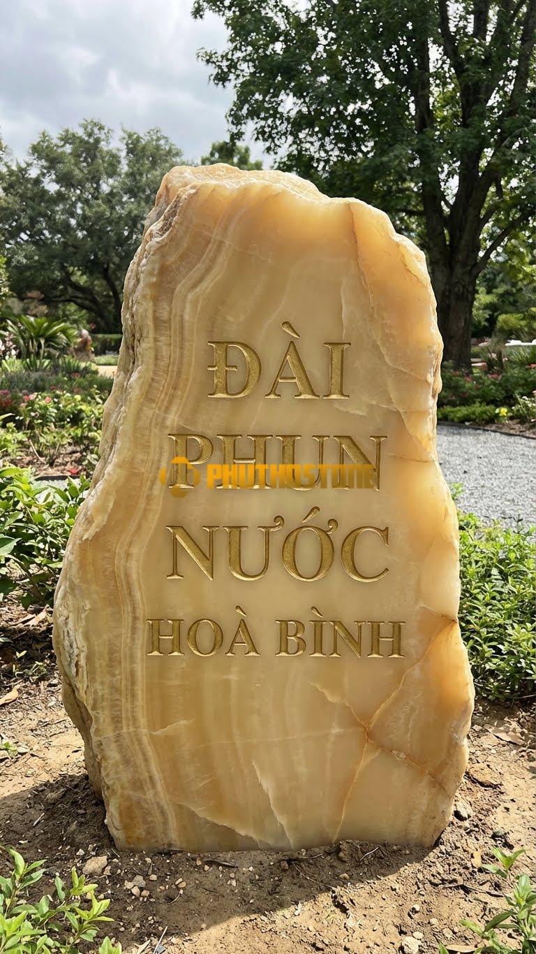 Đá tảng vân gỗ Hoà Bình tự nhiên khắc ‘ĐÀI PHUN NƯỚC’