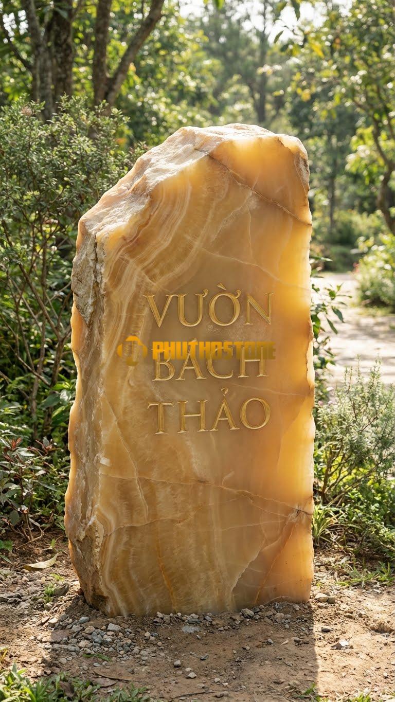 Đá tảng vân gỗ Hoà Bình tự nhiên khắc ‘VƯỜN BÁCH THẢO’