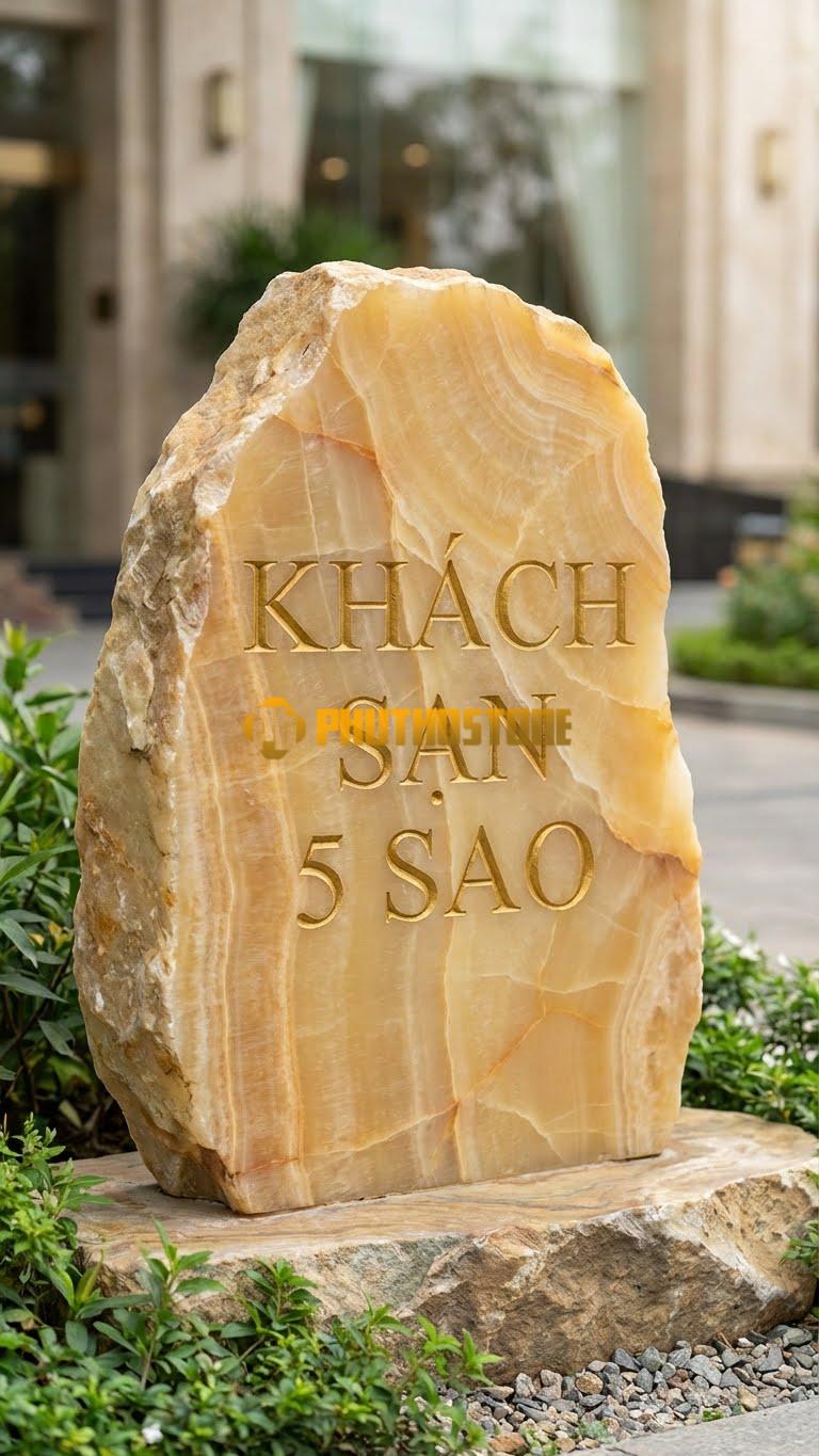 Đá tảng vân gỗ Hoà Bình xẻ mặt khắc chữ nổi ‘KHÁCH SẠN 5 SAO’