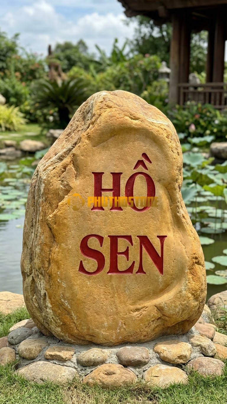 Đá tảng vàng cà rốt tự nhiên khắc ‘HỒ SEN’
