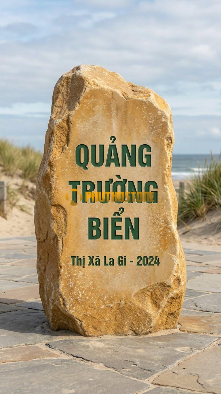 Đá tảng vàng cà rốt tự nhiên khắc ‘QUẢNG TRƯỜNG BIỂN’