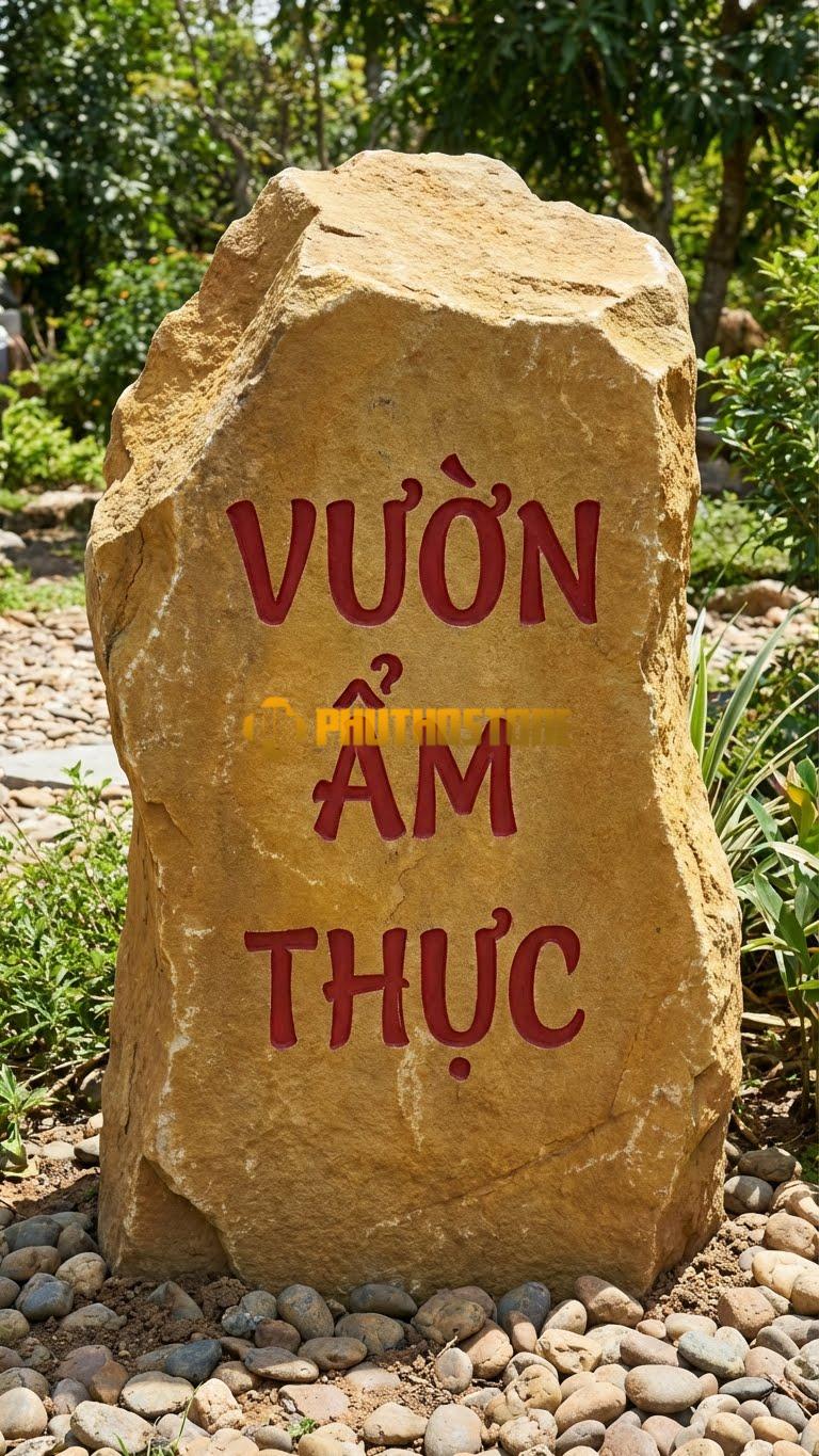 Đá tảng vàng cà rốt tự nhiên xẻ mặt phẳng khắc ‘VƯỜN ẨM THỰC’