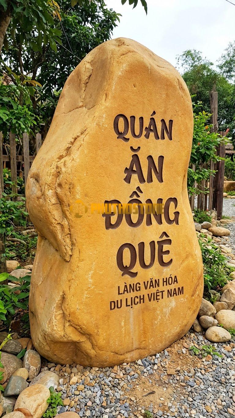 Đá tảng vàng cà rốt xẻ mặt khắc chữ nổi ‘QUÁN ĂN ĐỒNG QUÊ’