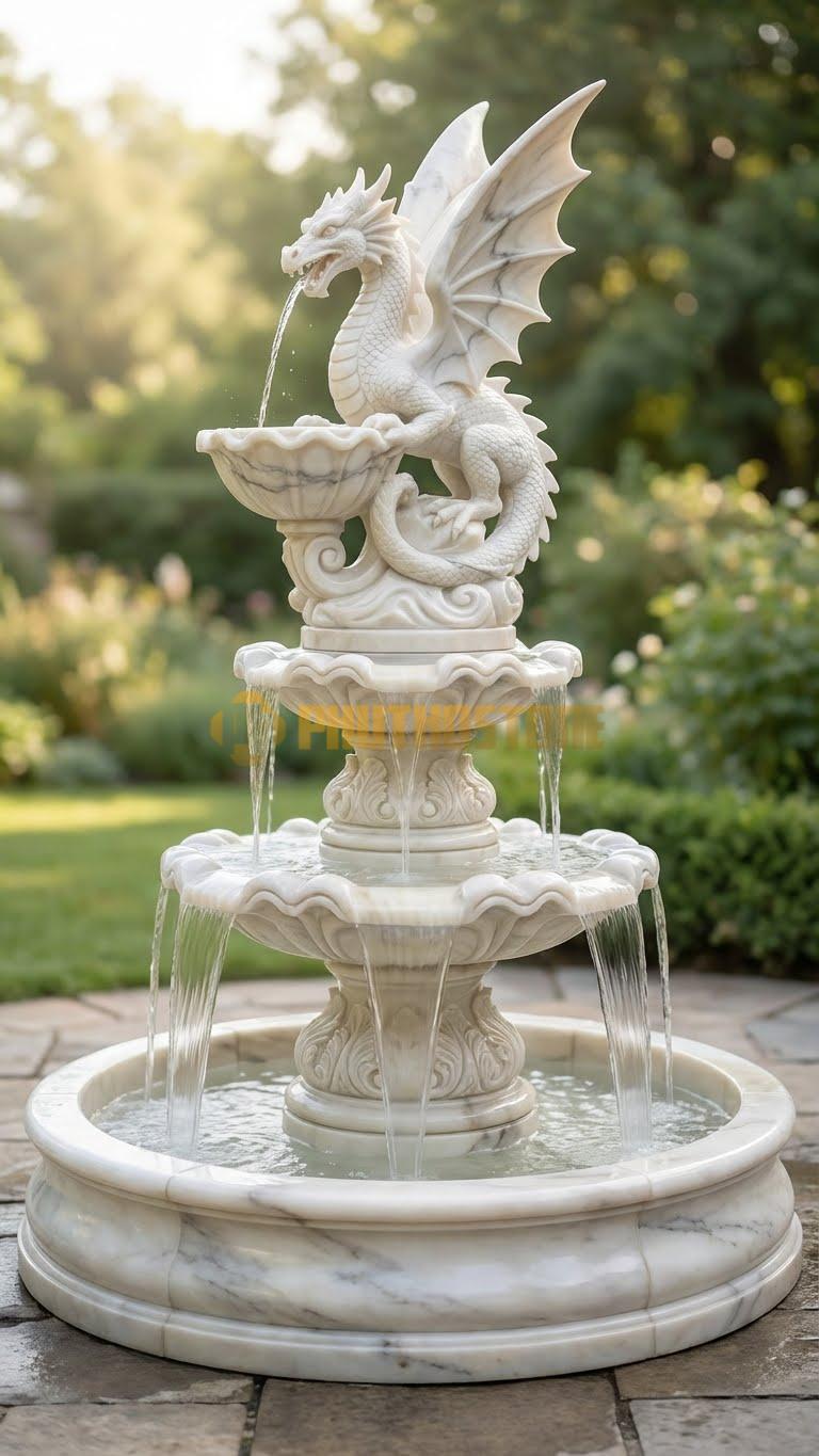 Đài phun nước chạm khắc rồng phương Tây (Western Dragon) phun lửa cao 2m5
