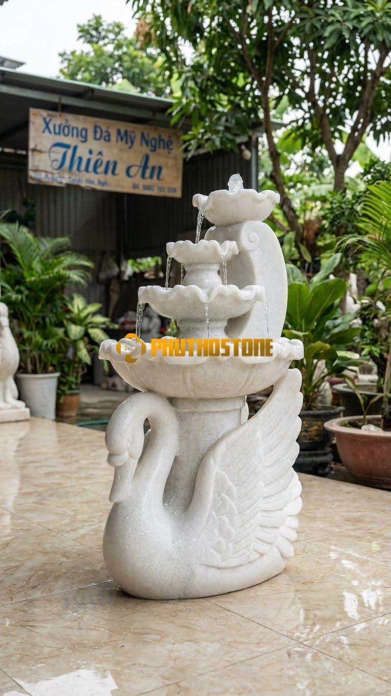 Đài Phun Nước Chim Thiên Nga C1.2m. Chất Liệu Đá Trắng Muối