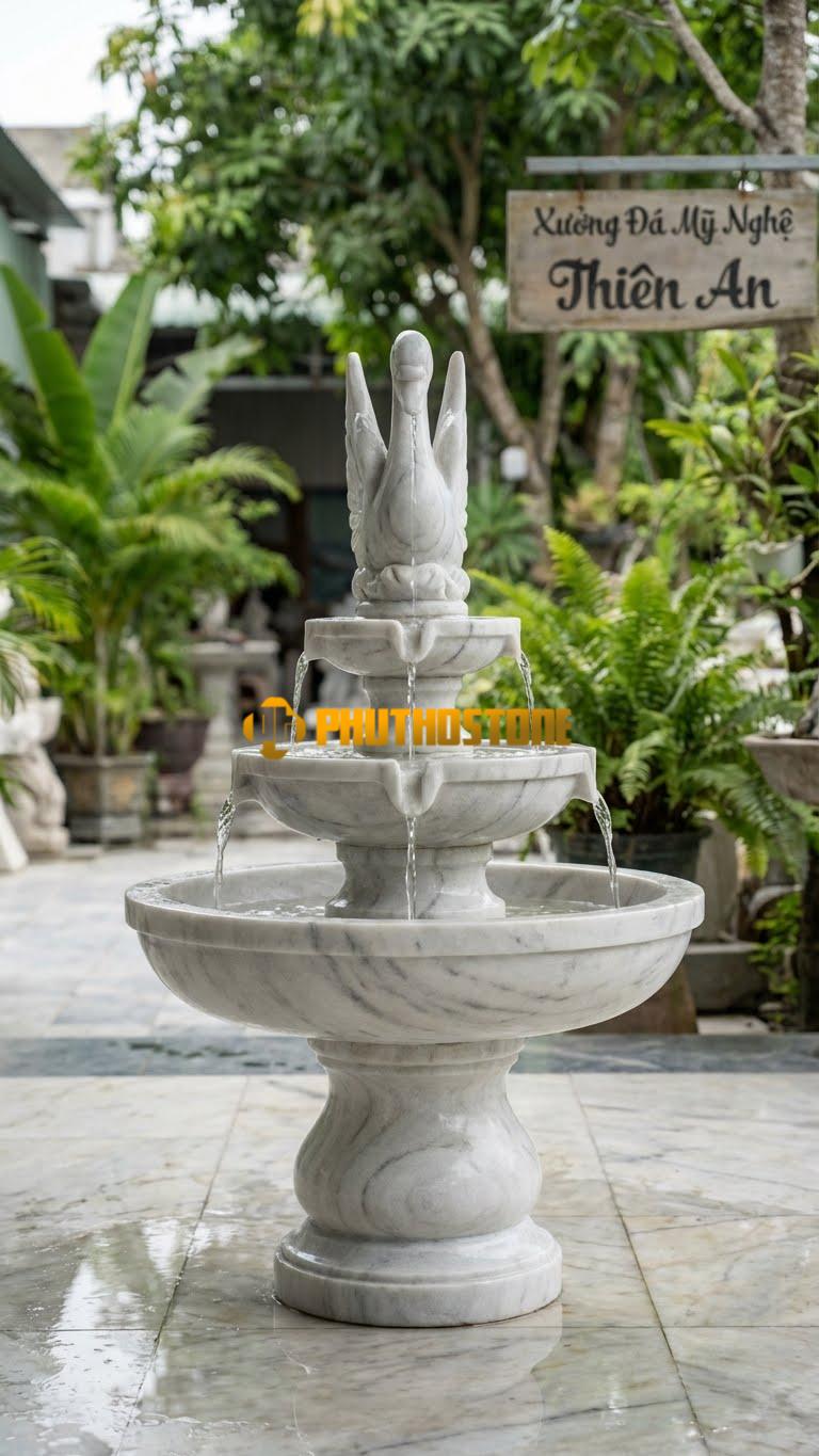 Đài Phun Nước Chim Thiên Nga C1.2m. Chất Liệu Đá Trắng Xanh