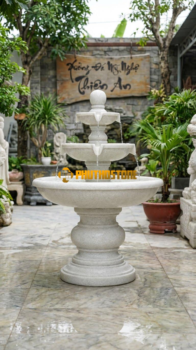 Đài Phun Nước Cửu Long Tranh Châu D3M x C2.5M. Chất Liệu Đá Trắng Muối
