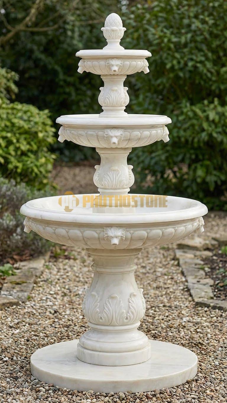Đài phun nước đá trắng muối 3 tầng tháp tràn cổ điển