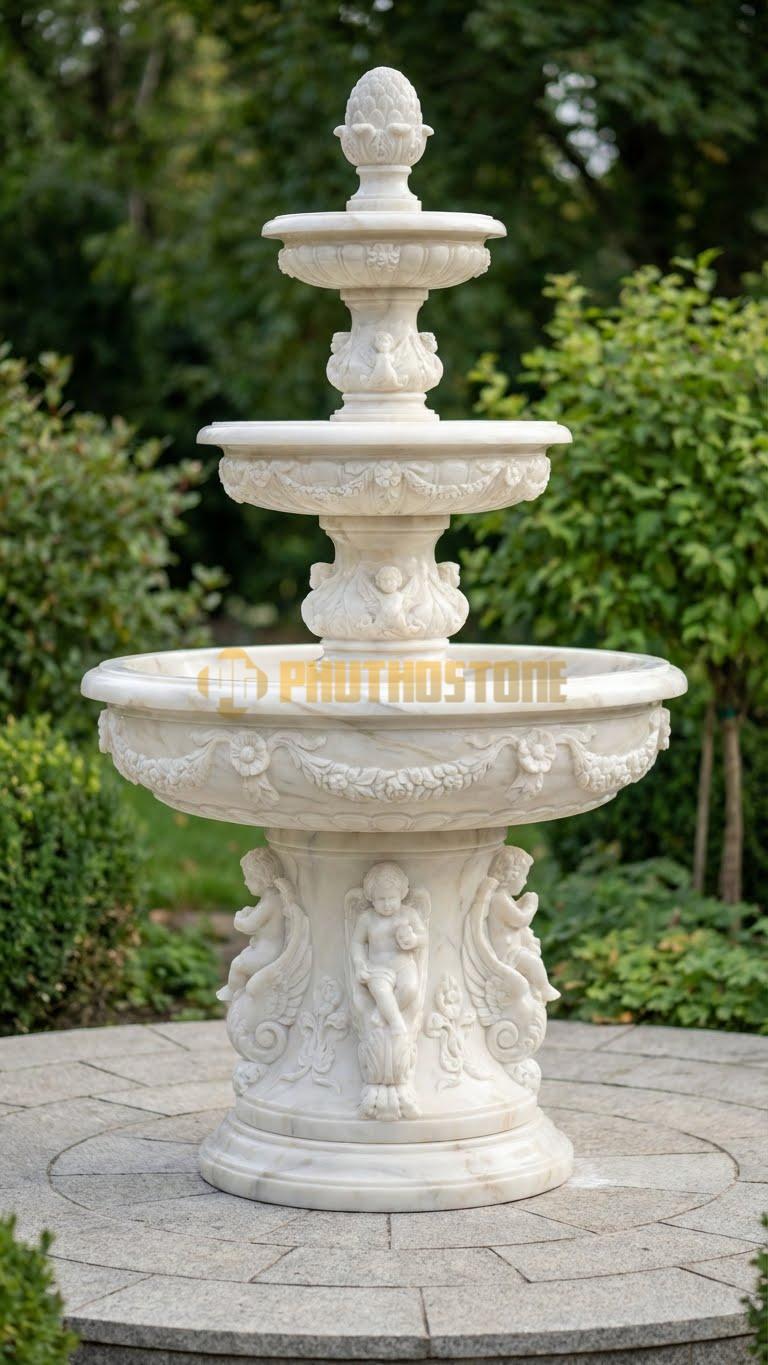 Đài phun nước đá trắng muối khắc phù điêu châu Âu