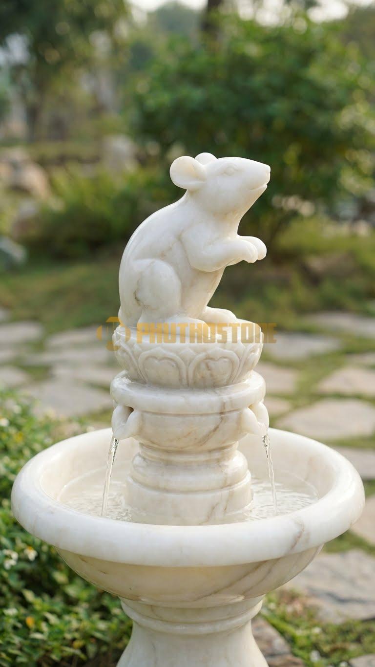 Đài phun nước đá trắng Yên Bái tượng 12 con giáp (Tý)