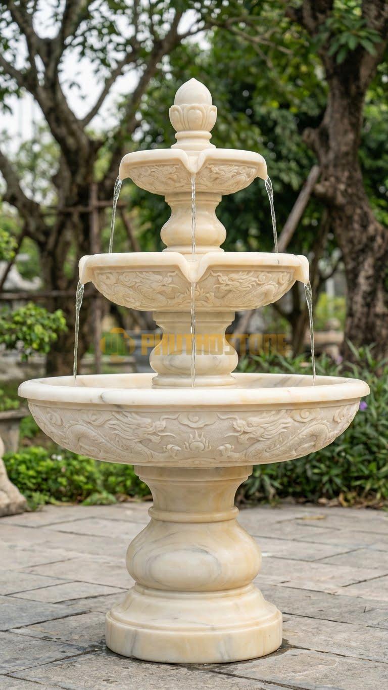 Đài phun nước đá vàng Nghệ An 3 tầng tháp rồng
