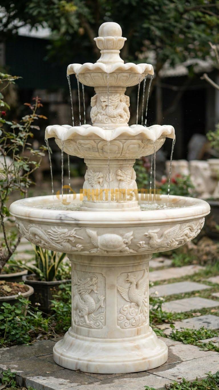 Đài phun nước đá vàng Nghệ An chạm khắc tứ linh