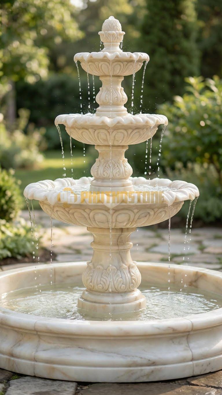 Đài phun nước đá vàng Nghệ An dáng đĩa tràn 3 lớp