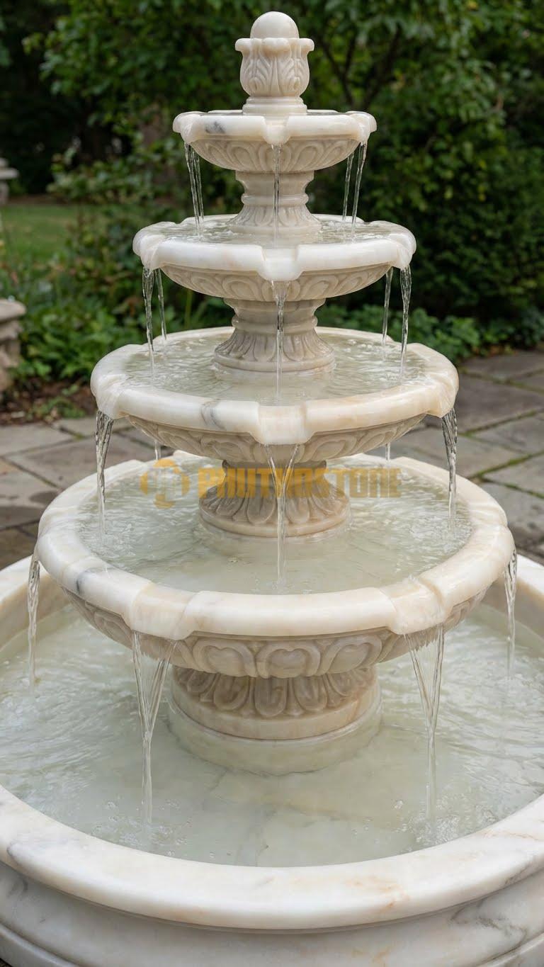 Đài phun nước đá vàng Nghệ An dáng đĩa tràn 5 lớp