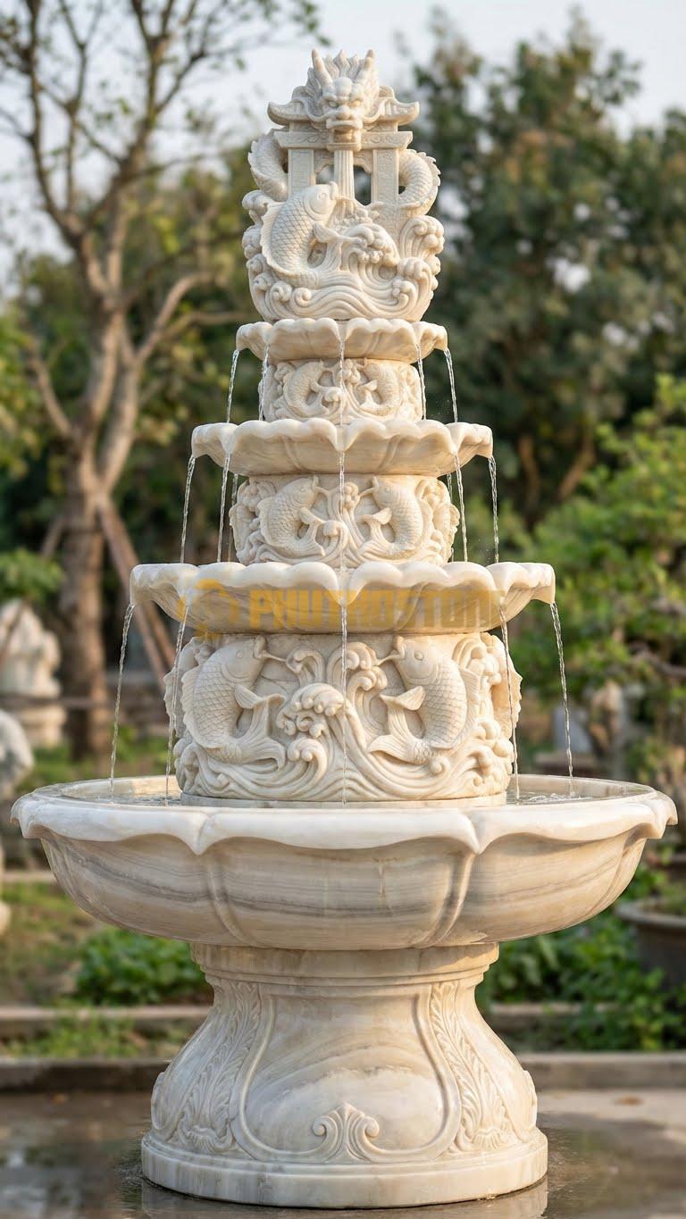 Đài phun nước điêu khắc Cá Chép Vượt Vũ Môn sóng nước cuồn cuộn cao 2m8