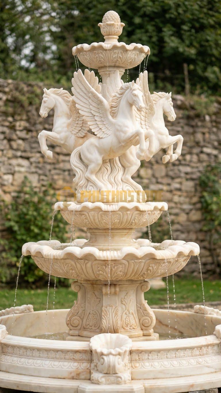 Đài phun nước điêu khắc đàn ngựa thần (Pegasus) tung cánh chi tiết lông vũ cao 3m